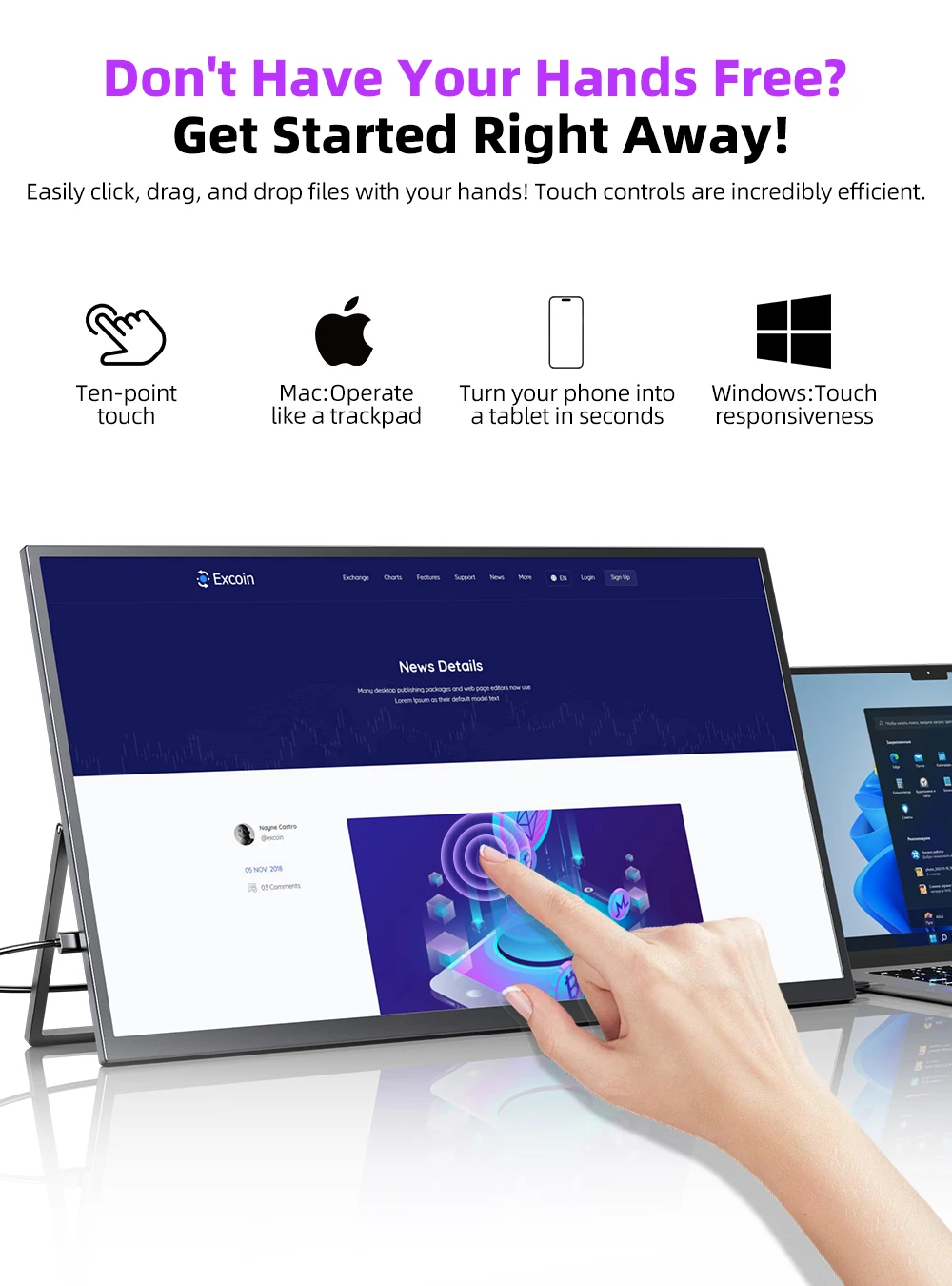 Inch 2K Touchscreen Gaming Monitor 2560X1440 Qhd 6 | PricZone Promo banner promoting hands free touch four icons ten point touch Mac trackpad phone to tablet Windows touch above a curved monitor with a finger tapping the screen | PricZone