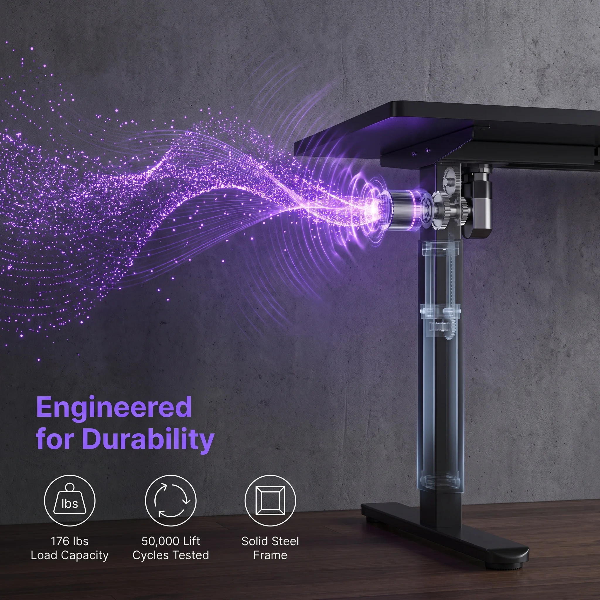 Adjustable Electric Standing Desk with 4 Memory Settings 5 | PricZone Industrial looking machine frame with purple particle effects and gears captioned Engineering for Durability | PricZone