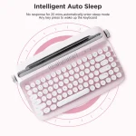 Yunzii Actto B303 Retro Wireless Typewriter Aesthetic 5 | PricZone Pink retro style keyboard with circular target design in the background and the headline about Intelligent Auto Sleep | PricZone