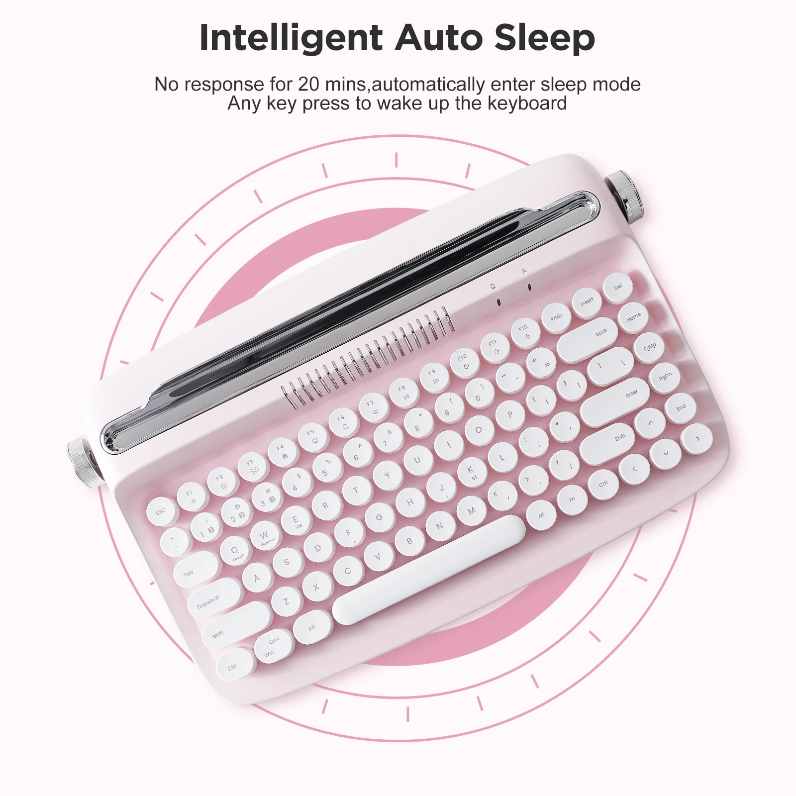 Yunzii Actto B303 Retro Wireless Typewriter Aesthetic 5 | PricZone Pink retro style keyboard with circular target design in the background and the headline about Intelligent Auto Sleep | PricZone