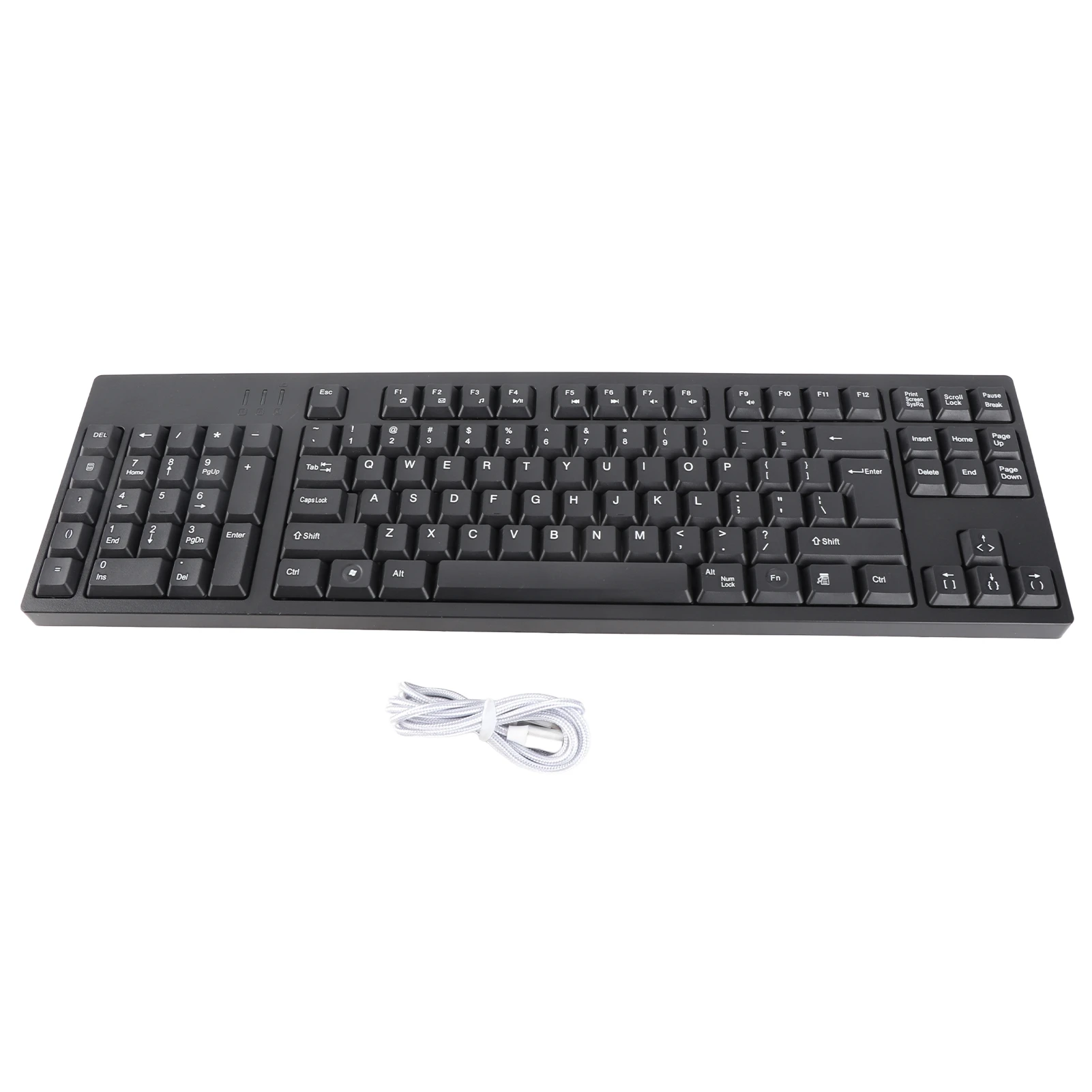 Full-size black keyboard with a numeric keypad and a white braided cord coiled below it on a white background.