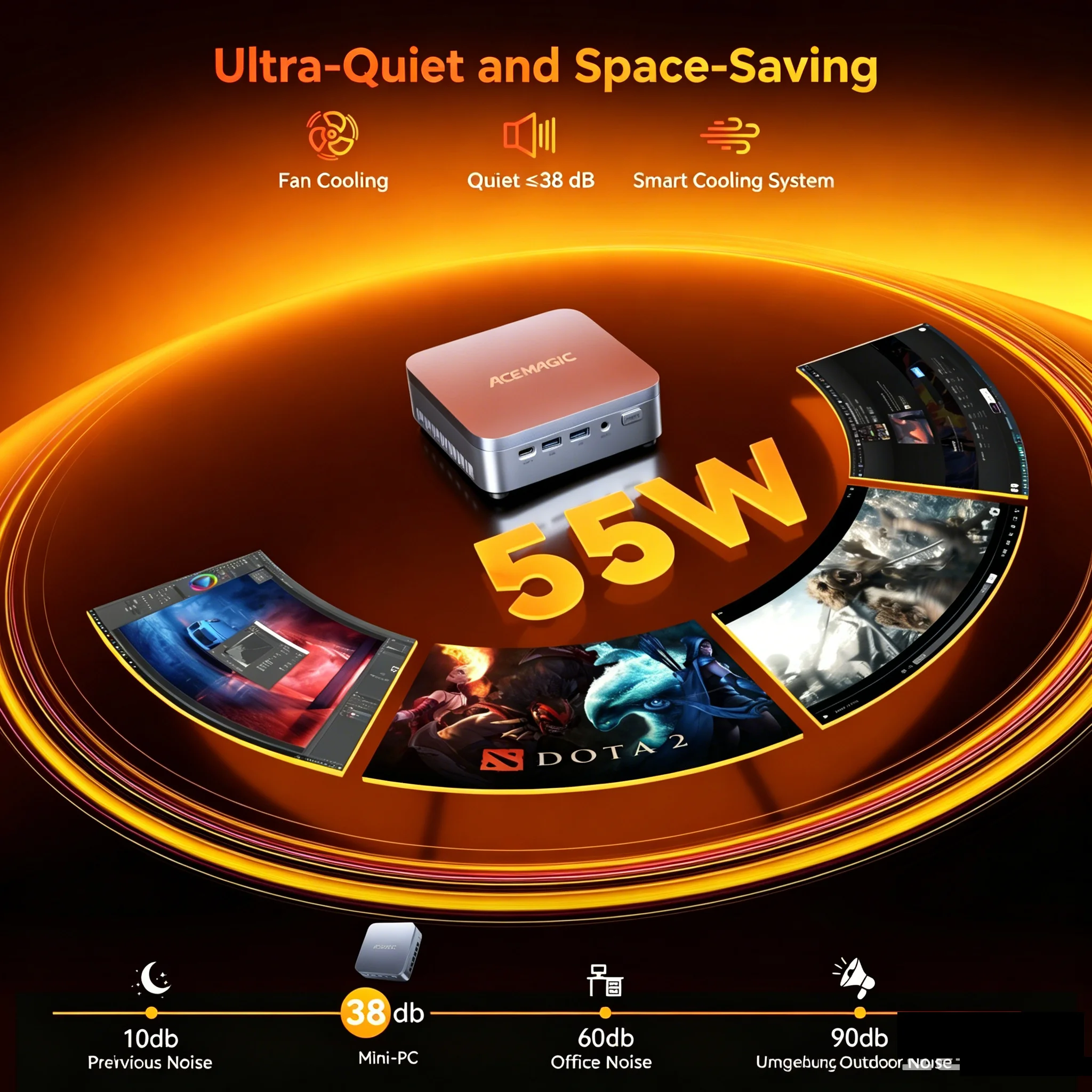 Ultra-quiet, space-saving mini-PC with fan cooling, quiet ≤38 dB, and smart cooling system on a warm orange promotional background.