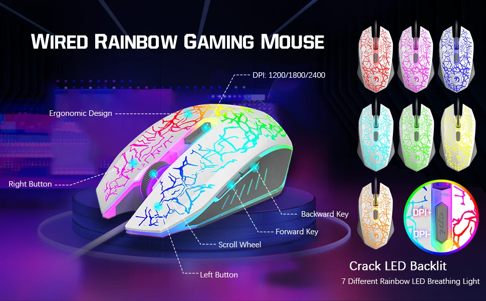 Rainbow-cracked LED wired gaming mouse with highlighted DPI options and labeled buttons (left/right, scroll wheel, forward/back).