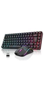 Wireless RGB gaming keyboard with USB receiver and matching RGB gaming mouse.