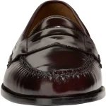 Front view of a shiny dark brown leather loafer penny loafer with stitching detail visible | PricZone