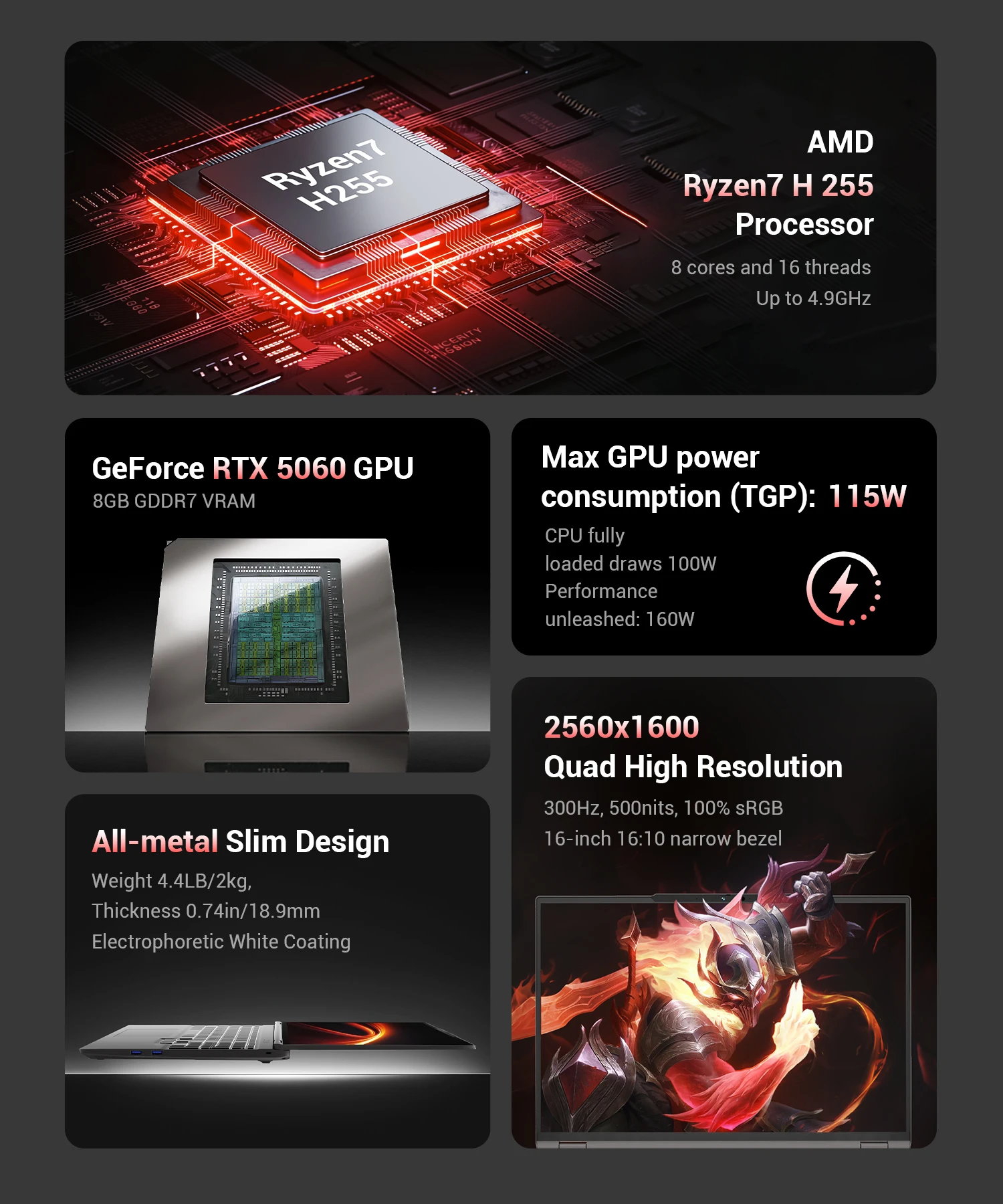 Firebat Huan 16 Pro Amd Ryzen 7 H 255 Rtx 5060 16GB DDR5 6 | PricZone Hero banner AMD Ryzen7 H255 Processor with 8 cores16 threads up to 49GHz highlighted on a circuit board | PricZone