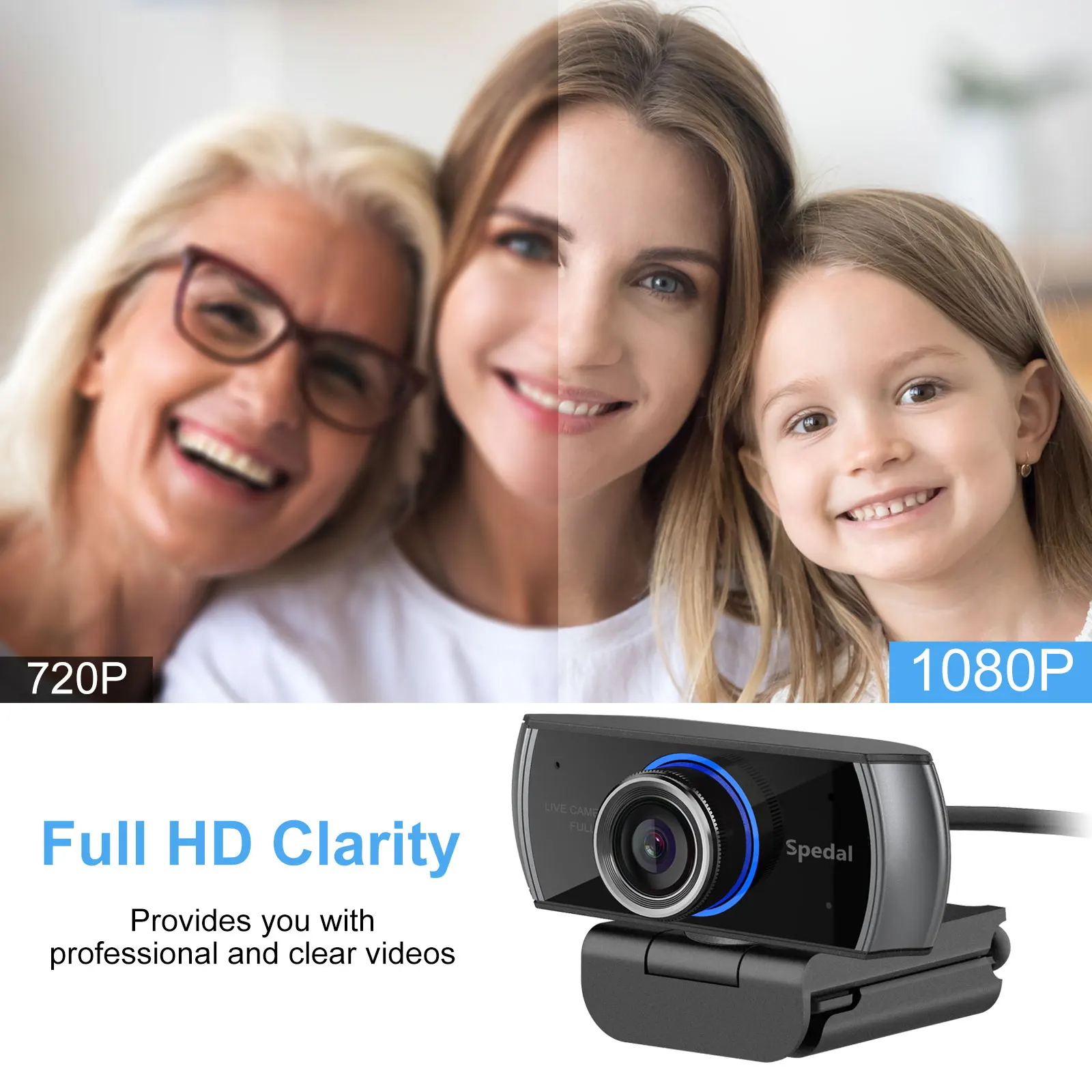 Smiling three-generation group split in half to show 720p vs 1080p quality, with a camera visible on the right.