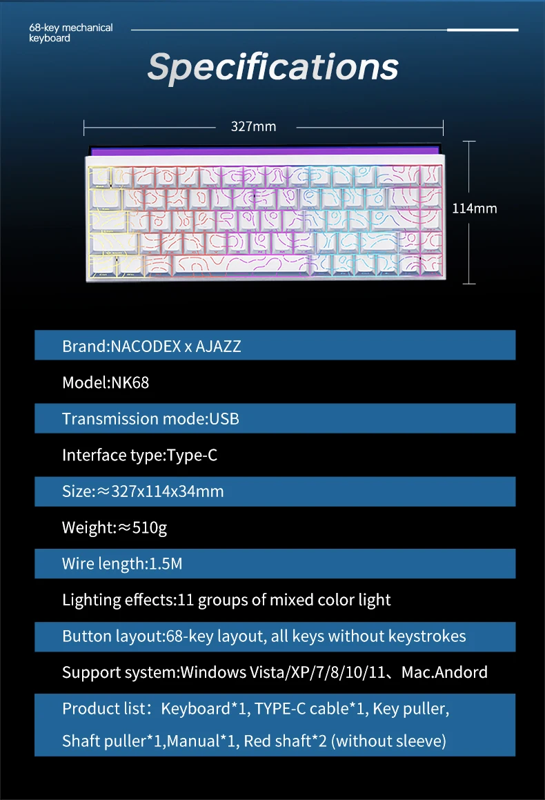 Specification sheet for NACODEX x AJAZZ NK68 keyboard: 68 keys, USB-C, RGB lighting, 327×114×34 mm dimensions, ~510 g, 1.5 m cable included, battery-free.