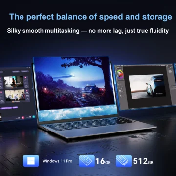 Banner showing several tilted laptops displaying screens with Windows 11 Pro icon 16 GB RAM and 512 GB storage icons and bold ad copy about speed and storage balance | PricZone