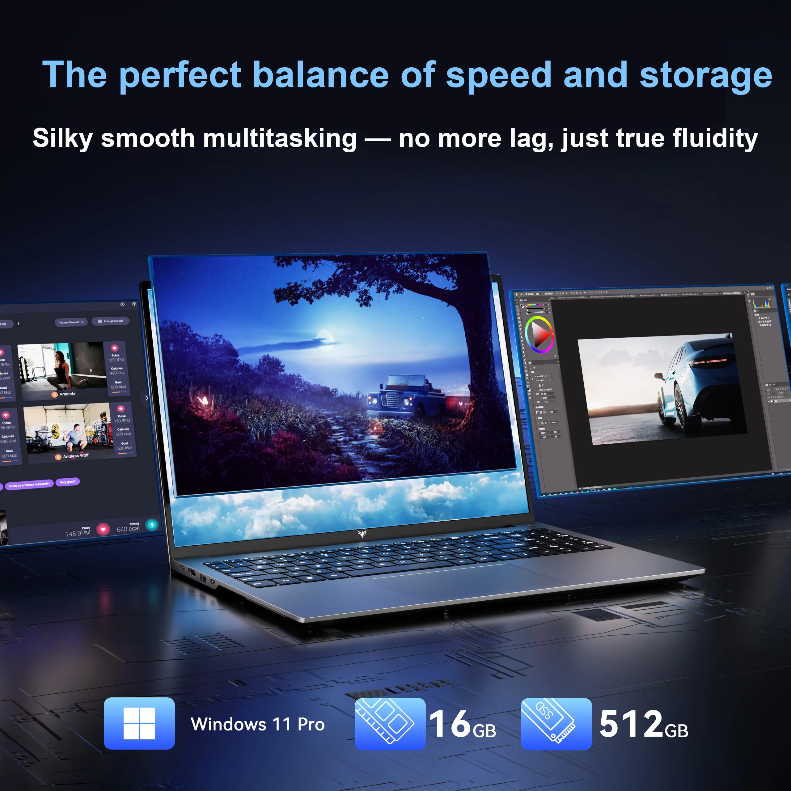 Inch Ryzen 9 6900Hx Gaming Laptop By Kamrui 2 | PricZone Banner showing several tilted laptops displaying screens with Windows 11 Pro icon 16 GB RAM and 512 GB storage icons and bold ad copy about speed and storage balance | PricZone