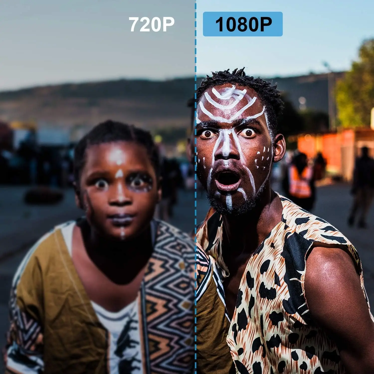 Split-screen comparison showing two men with white tribal face paint; left labeled '720P' looks blurrier, right labeled '1080P' appears sharper with brighter colors; both wear patterned shirts in an outdoor setting.