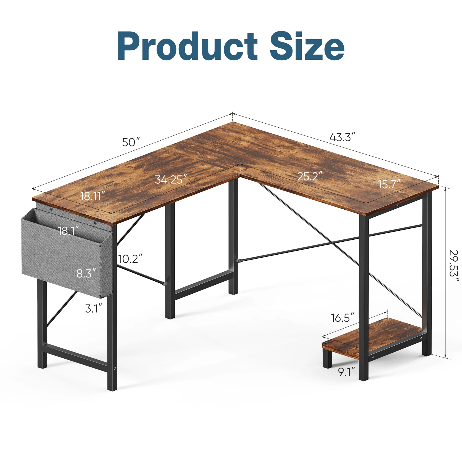 Infographic titled Product Size showing an L-shaped desk with wood top and metal frame, annotated with overall lengths and heights (e.g., 50", 43.3", 29.5").