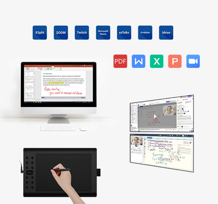 Collage of online teaching tools: app icons (XSplit, Zoom, Twitch, Teams, ezTalks, Scribblar, Iddoo), document icons (PDF, Word, Excel, PowerPoint) and a video icon above a desktop computer and a drawing tablet with stylus, plus a dual-monitor setup in the background.