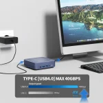 USB C dock plugged into a desktop with monitor in background infographic highlights USB40 up to 40 Gbps and 4x speed improvement | PricZone