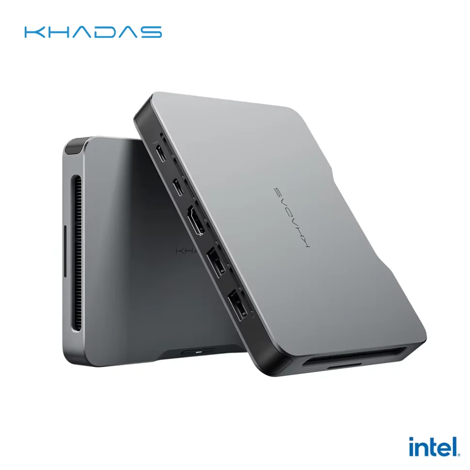 Khadas Mind 2S Mini PC with Intel Core Ultra 7 255H 1 | PricZone Khadas branded metal mini PC with multiple ports HDMI and USB C shown in a stacked configuration Intel logo bottom right | PricZone