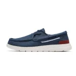 Navy blue denim sneaker with a white sole and red heel patch | PricZone
