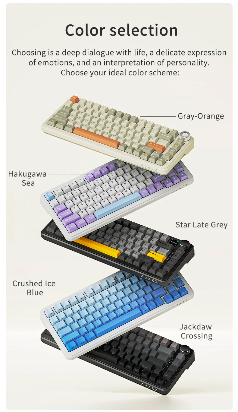 Infographic showing five stacked mechanical keyboards in different color schemes with labels: Gray-Orange, Hakugawa Sea, Star Late Grey, Crushed Ice Blue, and Jackdaw Crossing.