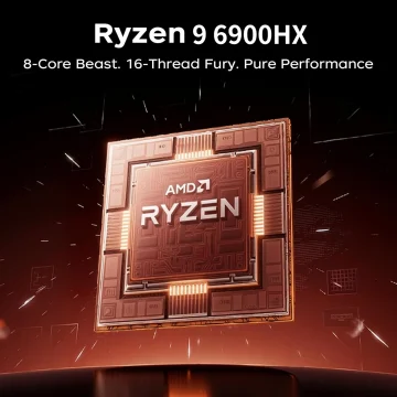 AMD Ryzen 9 6900HX processor chip image with tagline '8-Core Beast. 16-Thread Fury. Pure Performance' (advertising the CPU's performance)