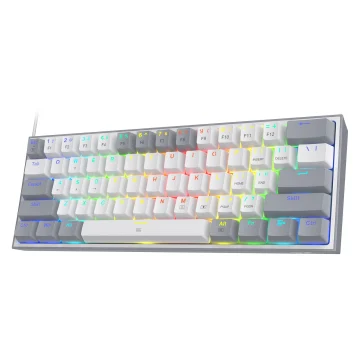 Rainbow RGB backlit mechanical keyboard with white keycaps on a white background viewed from the side edge | PricZone
