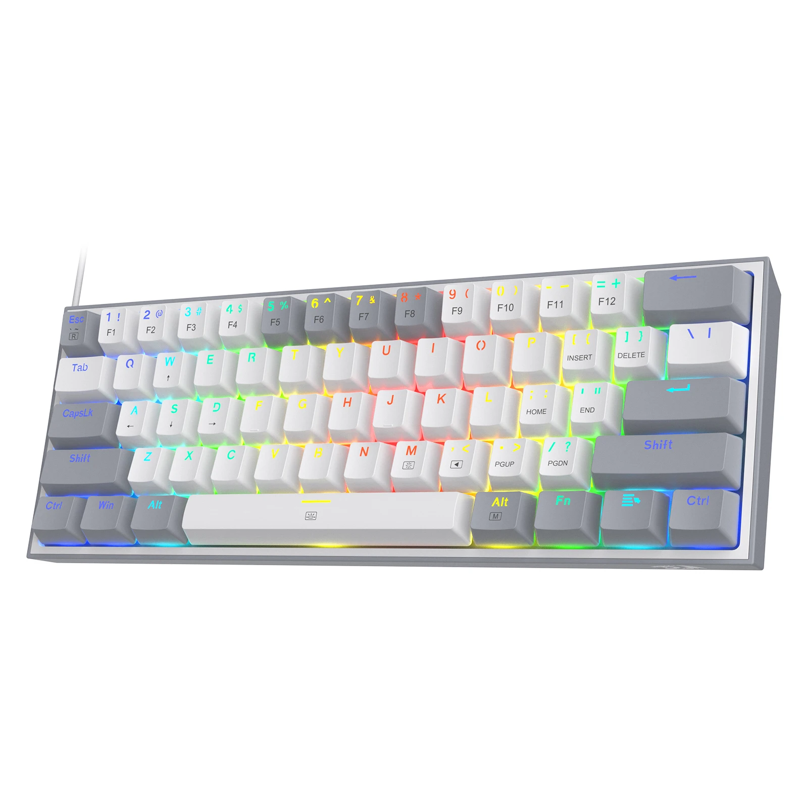 Redragon K617 Fizz 60 Wired RGB Gaming Keyboard 61 Keys 1 | PricZone Rainbow RGB backlit mechanical keyboard with white keycaps on a white background viewed from the side edge | PricZone