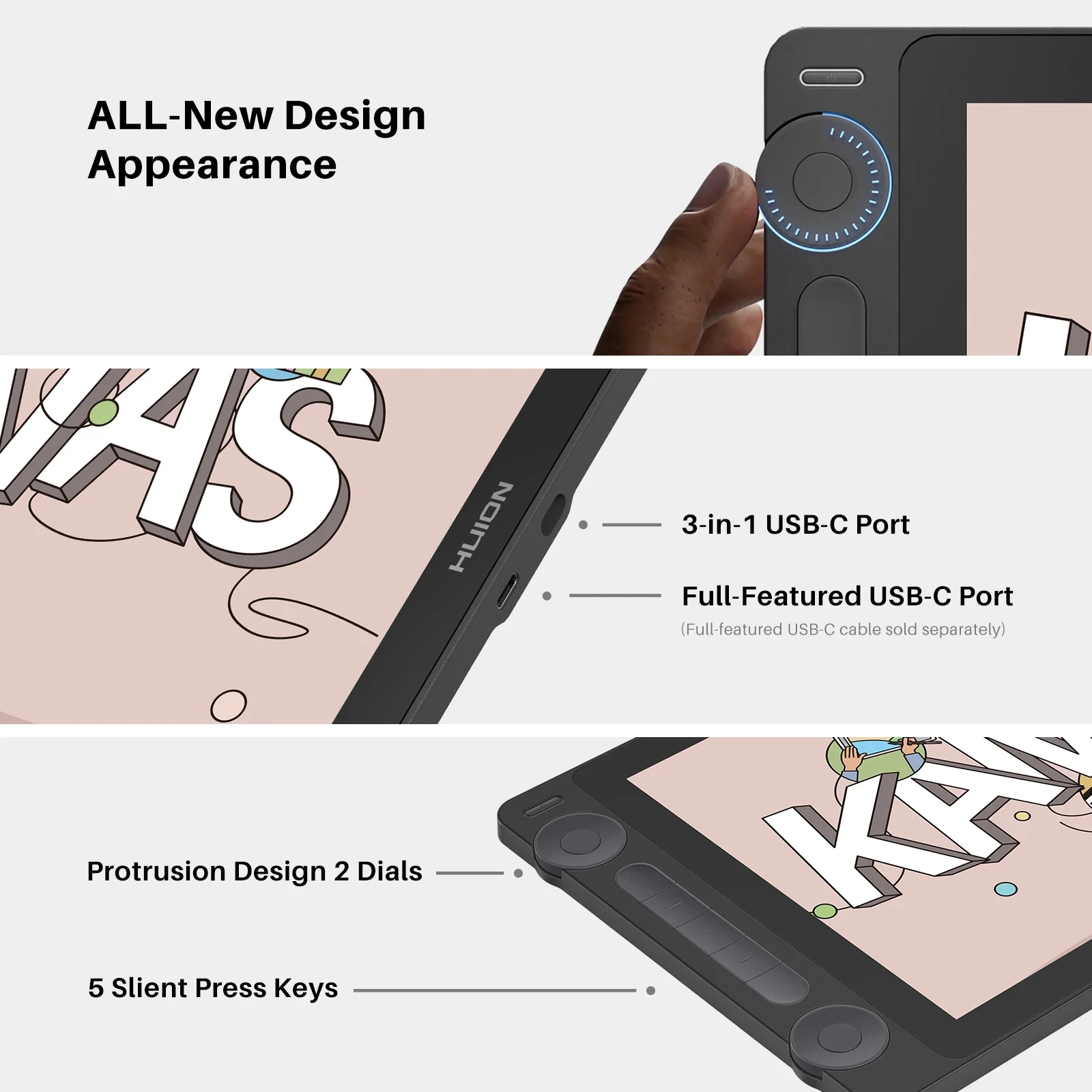 Huion Kamvas 13 Gen 3 Graphics Tablet 16K Levels Pressure 1 | PricZone Promotional banner showing a handheld device with a blue lit circular dial on the right and bold headline ALL New Design Appearance on a light background | PricZone