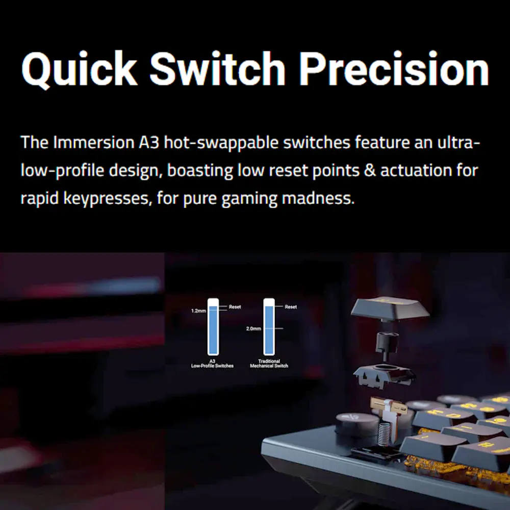 Hexgears A3 Bluetooth 24G Wireless TypeC Wired Mechanical 4 | PricZone Promotional banner for Quick Switch Precision describing ultra low profile hot swappable A3 switches and rapid keypresses | PricZone