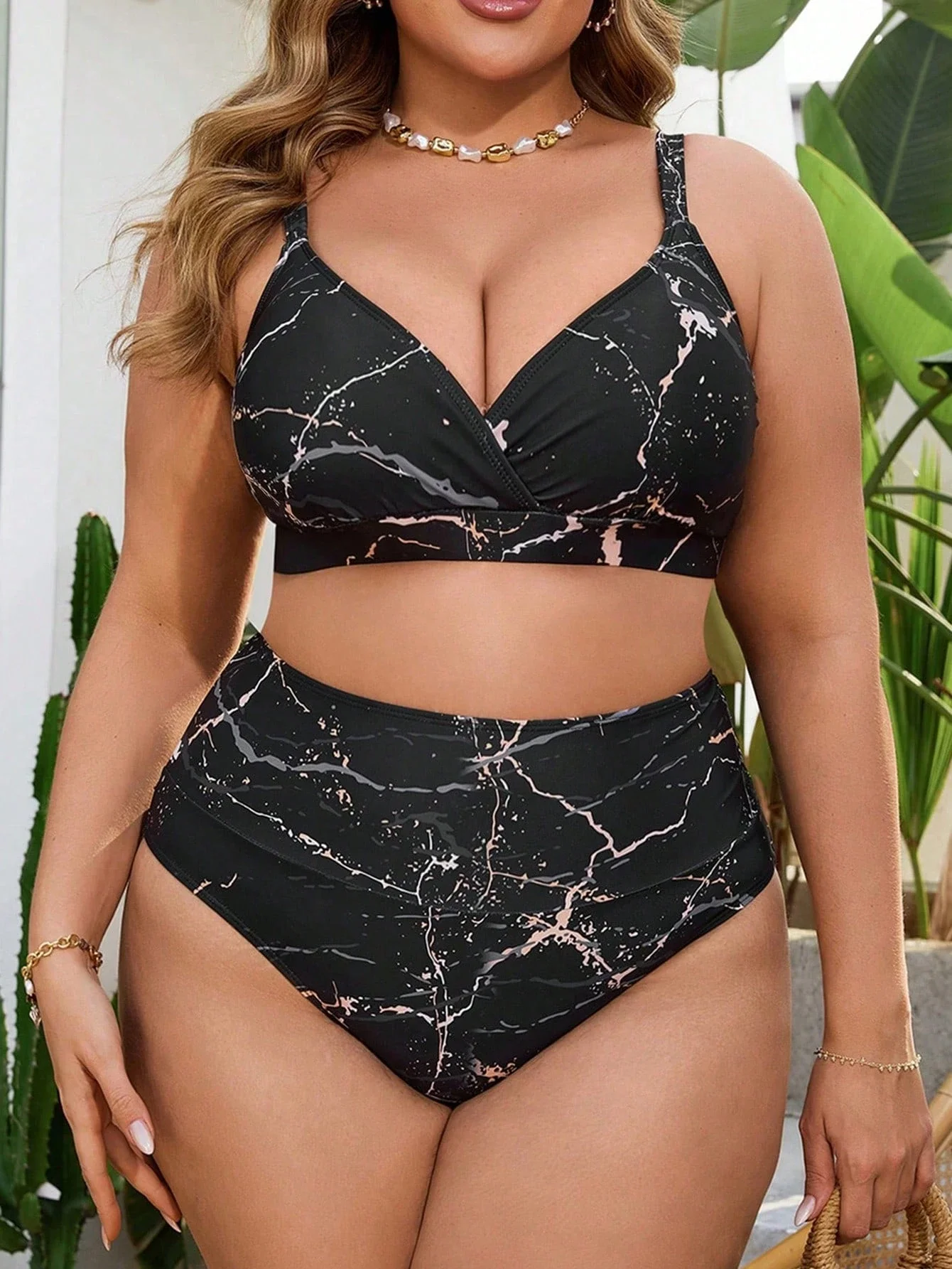 Plus Size Womens Marble Print High Waist Bikini Set 3 | PricZone Plus Size Womens Marble Print High Waist Bikini Set 3 | PricZone