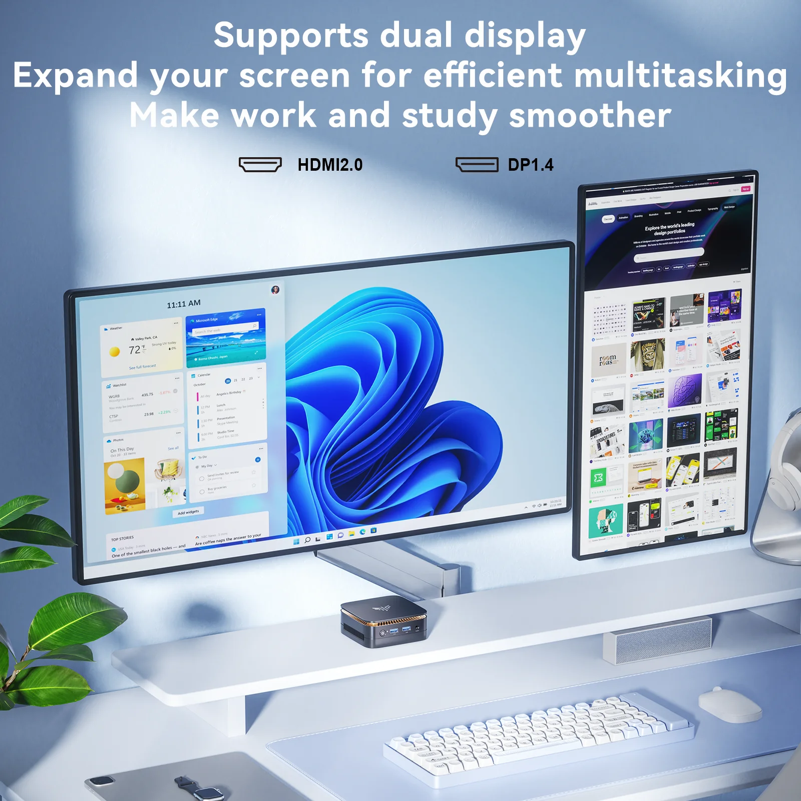 Dual-monitor desktop setup on a white desk with a keyboard, plants, and a small black computer box.