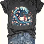 Womens Plus Size Axolotl Wave Tank Top 4 | PricZone Charcoal T shirt with a colorful cartoon ocean scene a curling wave and smiling crabs | PricZone
