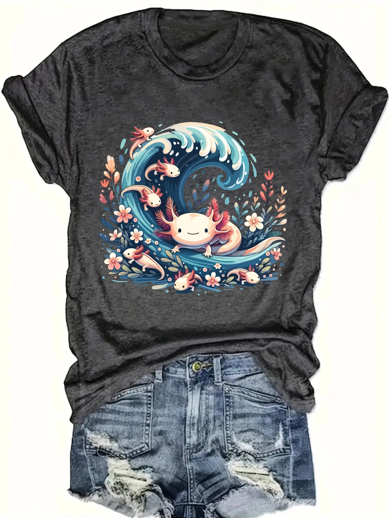 Womens Plus Size Axolotl Wave Tank Top 4 | PricZone Charcoal T shirt with a colorful cartoon ocean scene a curling wave and smiling crabs | PricZone