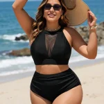 Plus Size Solid Two Piece Bikini Set High Waist Halter Neck 5 | PricZone