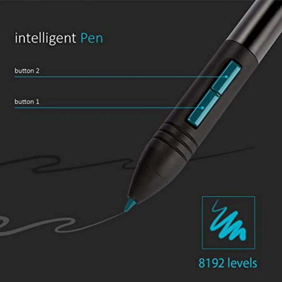 Intelligent Pen with two side buttons labeled button 1 and button 2, showing 8192 levels of pressure sensitivity.