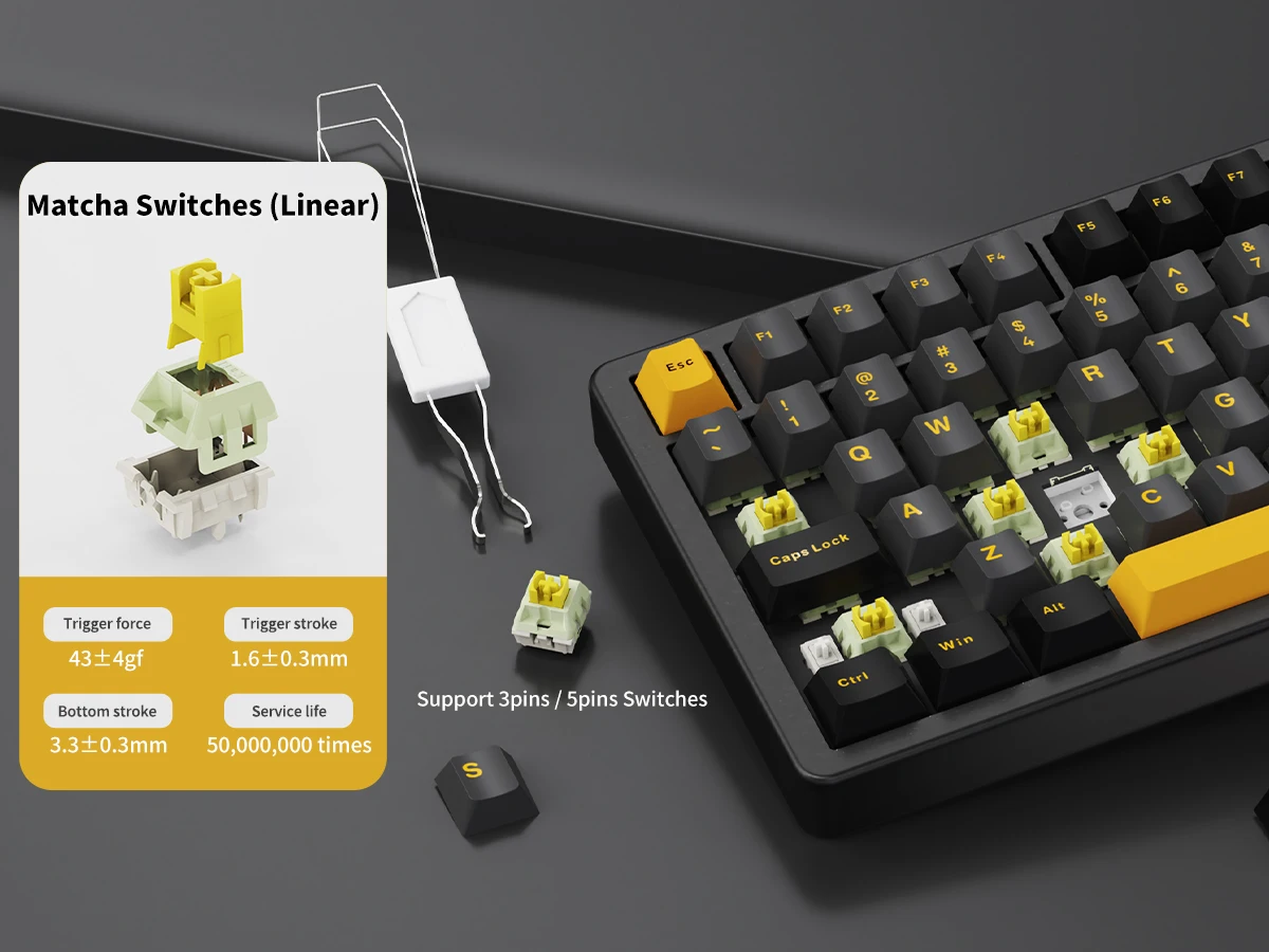 Promotional card for Matcha Linear keyboard switches showing stacked yellow-green components with specs: 43 gf trigger, 1.6 mm trigger, 3.3 mm bottom stroke, 50,000,000 cycles, beside a keyboard.
