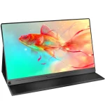 Wide black computer monitor on a stand displaying a vibrant colorful fish wallpaper with a brand logo UPERECT in the top left corner | PricZone