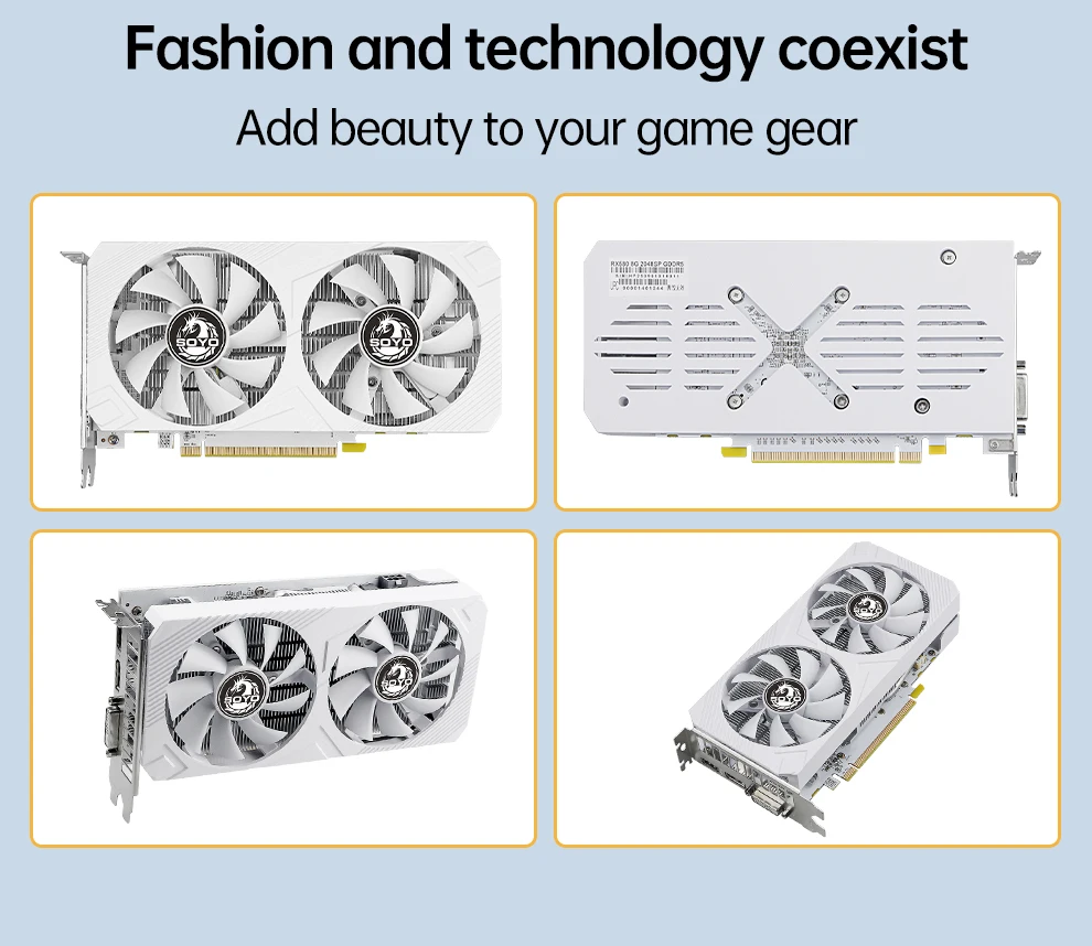Four white graphics cards with dual fans, shown from different angles on a pale blue background.