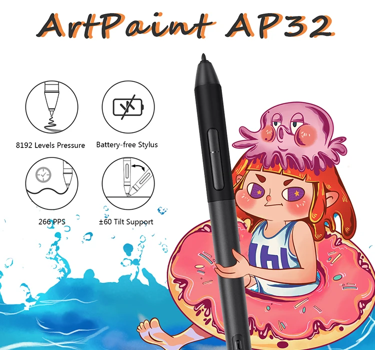 ArtPaint AP32 promo image showing a stylus and feature icons: 8192 pressure levels, battery-free stylus, 266 PPS, and ±60° tilt support.