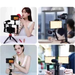 LED Portable Selfie Light with Tripod Adapter 5 | PricZone Collage of four mobile video setups phones on tripods with LED lights and accessories for content creation | PricZone