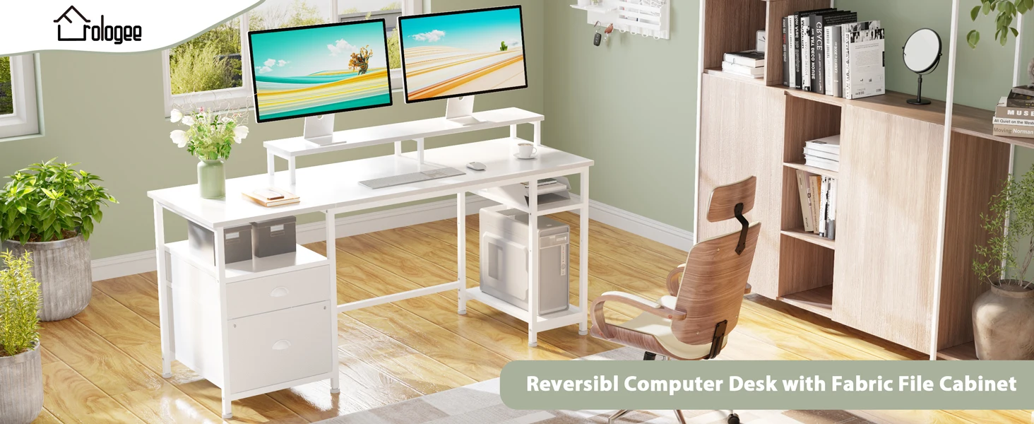 Reversible white computer desk with dual-monitor setup, fabric file cabinet, and a wooden chair in a bright home office.