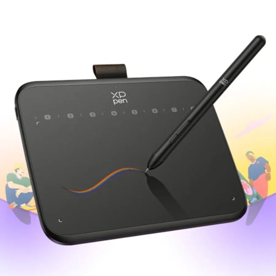 XP-Pen drawing tablet with a stylus pen resting on the active surface, angled on a gradient background.
