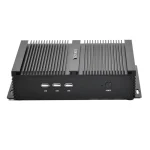 12Th Gen Fanless Mini PC I7 1255U Desktop Computer 4 | PricZone Front panel of a black rugged industrial computer with three USB ports and a power button visible on the front edge under cooling fins | PricZone