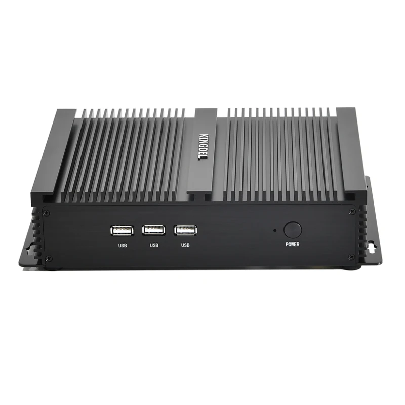 12Th Gen Fanless Mini PC I7 1255U Desktop Computer 4 | PricZone Front panel of a black rugged industrial computer with three USB ports and a power button visible on the front edge under cooling fins | PricZone