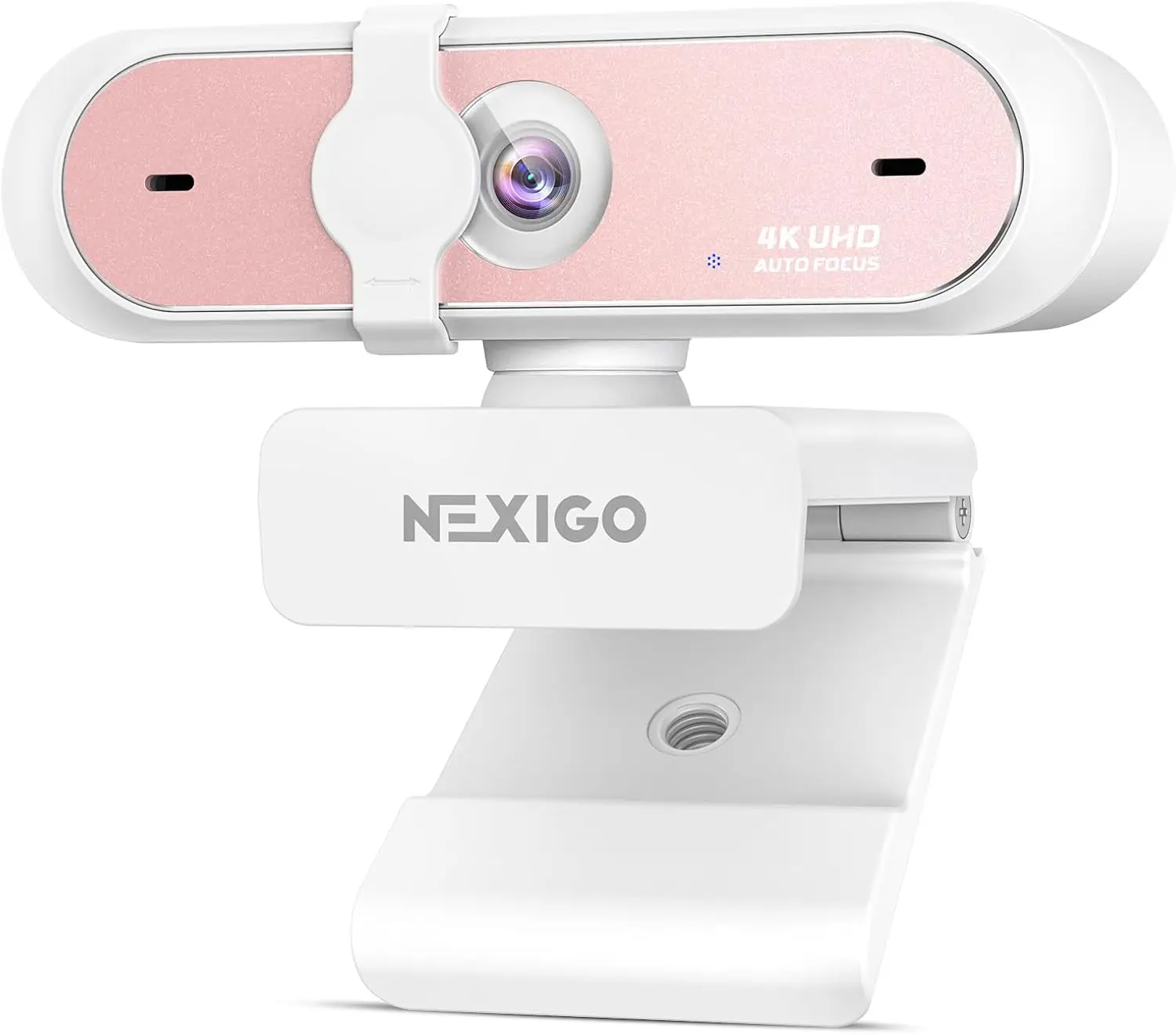 White Nexigo 4K UHD webcam with auto focus mounted on a white adjustable stand, featuring a pink front panel.