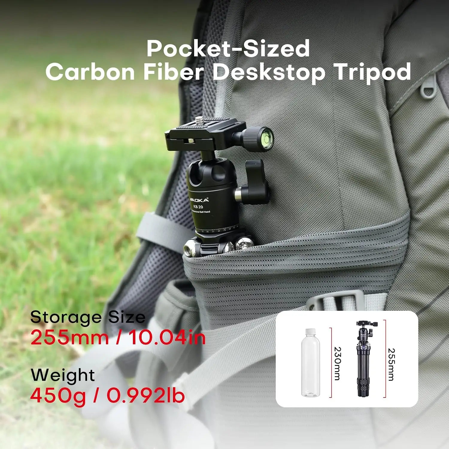 Pocket-sized carbon fiber desktop tripod mounted on a backpack, emphasizing portability for on-the-go photography.