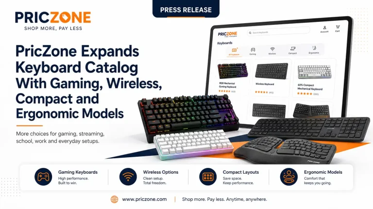 PricZone announces expanded keyboard catalog with gaming wireless compact and ergonomic models showcased with multiple keyboards | PricZone