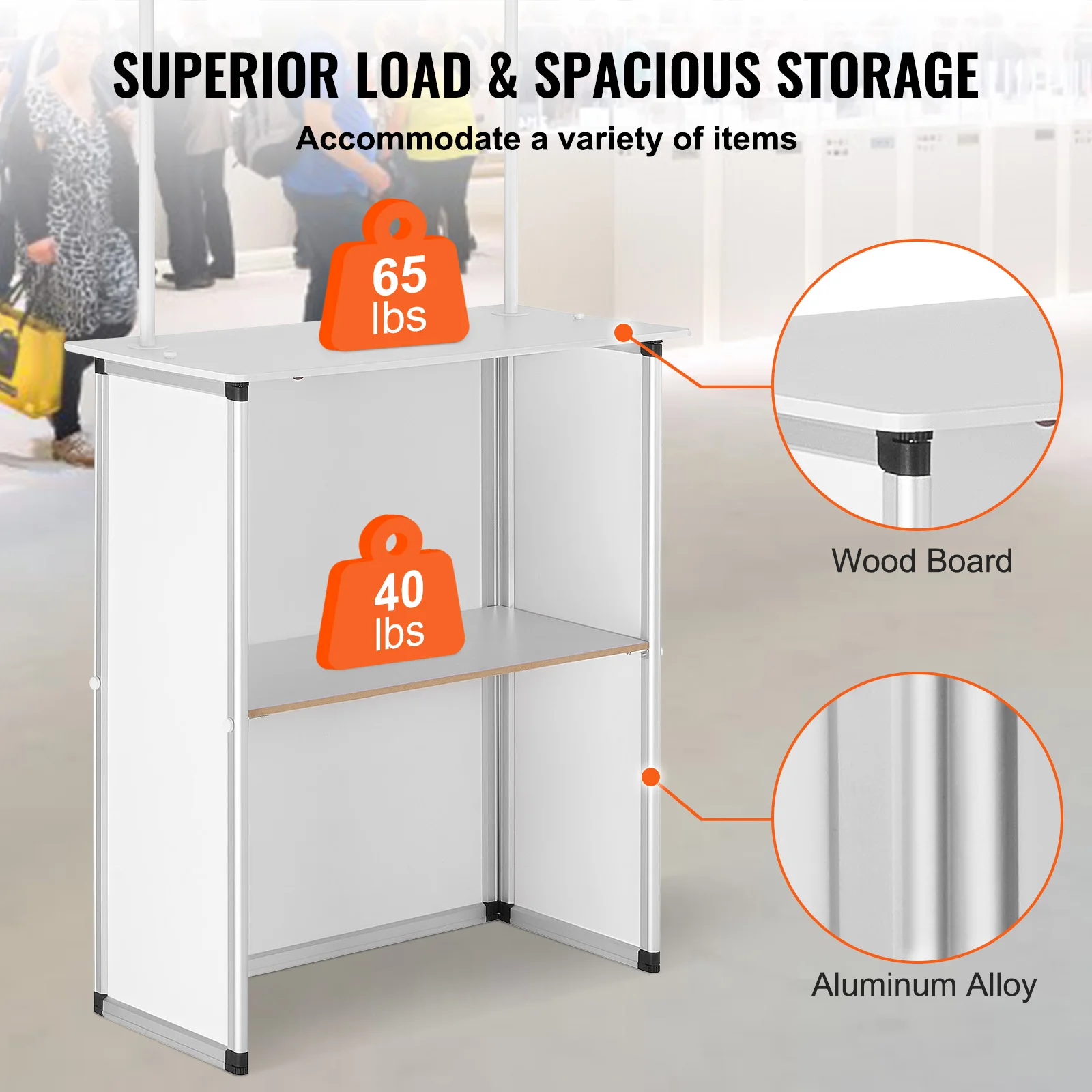 Portable Tradeshow Counter Display Table 3 | PricZone Three tier metal storage display with orange weight tags reading 65 lbs and 40 lbs highlighting a wood top panel and aluminum alloy frame against a blurred showroom background | PricZone