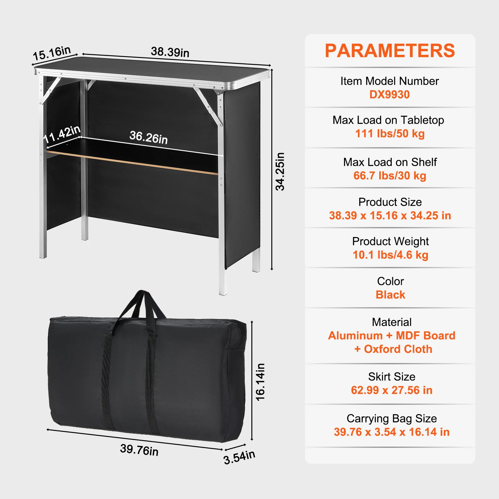Succebuy Portable Folding Bar Table Tradeshow Podium 6 | PricZone Desk with a black tabletop and metal frame showing measurements 3839 in wide 3425 in tall 3626 in deep item DX9930 and load specs listed to the right 111 lbs on tabletop 667 lbs on shelf | PricZone