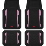 Set of four black car floor mats with pink side accents and a Rubbermaid logo arranged in a 2x2 layout to show front and rear mats | PricZone