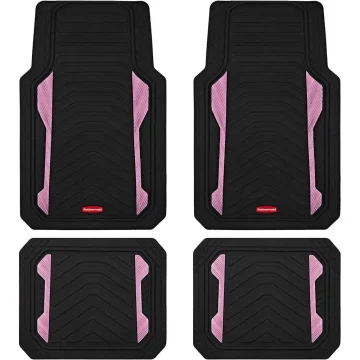 Set of four black car floor mats with pink side accents and a Rubbermaid logo, arranged in a 2x2 layout to show front and rear mats.