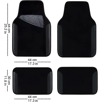 Four black car seat covers arranged in a 2x2 grid with measurement lines: each cover is 44 cm (17.3 in) wide; the top/front covers are about 64 cm tall, while the bottom/rear covers are about 30 cm tall.