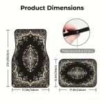 Product dimensions infographic black patterned rug 27in685cm tall 173in44cm wide and matching rectangular mat 134in34cm tall 173in44cm wide with a 06cm 02in thickness shown in a circular close up | PricZone